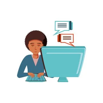 Man black with desktop computer and speech bubbles 스톡 일러스트