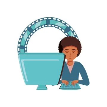 Man black with desktop computer and video tape Stock-Illustration