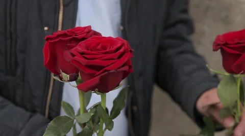 Man in black keeps three red roses Stock Footage 64290536