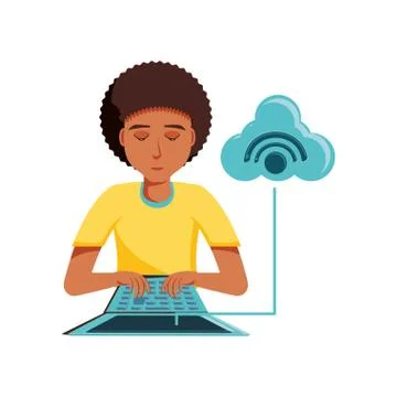 Man black with laptop and cloud computing Illustrazione stock