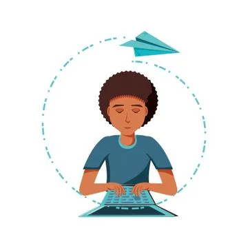 Man black with laptop computer and airplane paper Stock Illustration