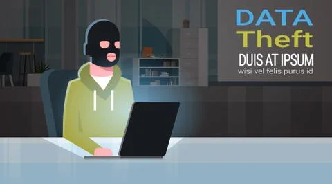 Man Black Mask Sitting At Computer Hacker Activity Concept Viruses Data Privacy Stockillustratie