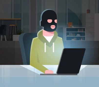 Man Black Mask Sitting At Computer Hacker Activity Concept Viruses Data Privacy Illustrazione stock