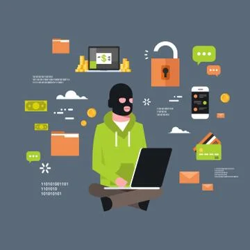 Man Black Mask Sitting At Computer Hacker Activity Concept Viruses Data Privacy Stock Illustration