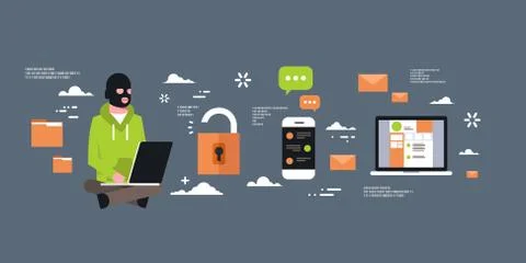 Man Black Mask Sitting At Computer Hacker Activity Concept Viruses Data Privacy Stock Illustration