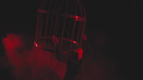 Man in black in red light in smoke near the metal cage Stock Footage 149052067