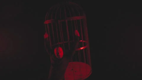 Man in black in red light in smoke near the metal cage Stock Footage 149194507