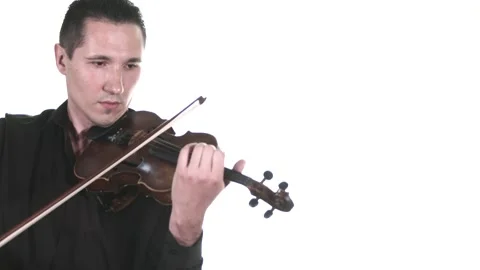 Man in black shirt performs a slow composition on a classical violin. Isolated Stock Footage 134495309