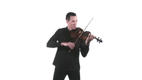 Man in black shirt playing on a classical violin. Isolated. Medium long shot Stock Footage 134495143
