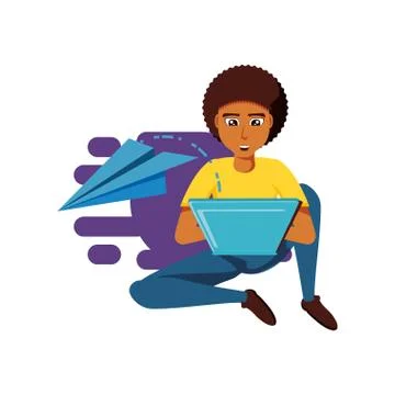 Man black sitting with laptop computer and airplane paper 스톡 일러스트
