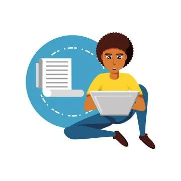 Man black sitting with laptop computer and paper receipt Stock-Illustration