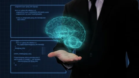 Man in black suit with digital brain hologram appearing above hand with hud Stock Footage 107448637
