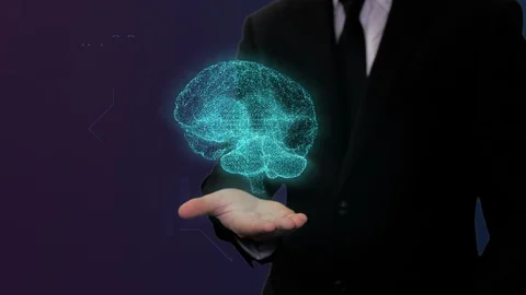 Man in black suit with digital brain hologram appearing above hand 01 Stock Footage 107448675