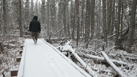 A man with a black winter coat walks away from the camera along a wooden walkway Stock Footage 143195095