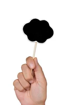 Man with a blank chalkboard in the shape of a thought bubble Stock Photos