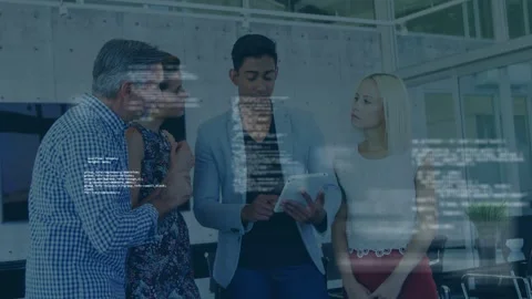 Man in blazer tapping tablet, causing scrolling code overlay, colleagues Stock Footage 334744162