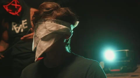 Man Blindfolded With Projector Behind Stock Footage 155134331