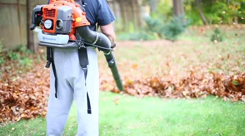 MAN BLOWING LEAVES 2 Stock Footage 58254808
