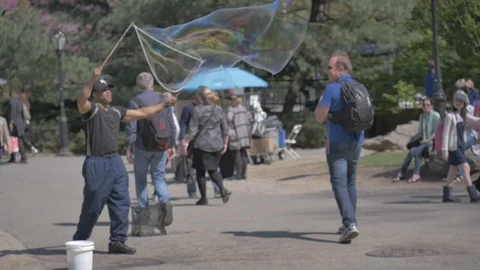Man blowing magic bubble in the park Stock Footage 114246746