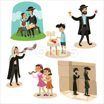 Man blowing Shofar horn for the Jewish New Year, father and son reading the Stock Illustration