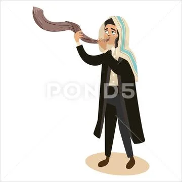 Man blowing Shofar horn for the Jewish New Year, Rosh Hashanah holiday, judaism Stock Illustration
