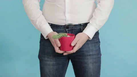 A man on a blue background holds a red pot with a cactus in his hands. Cognitive Stock Footage 186087573