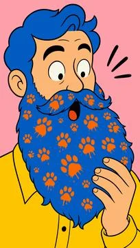Man with Blue Beard Covered in Orange Paw Prints Illustrazione stock