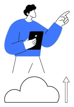 Man in Blue Capturing Data with Tablet and Pointing Upward Near Cloud Shape Stock Illustration