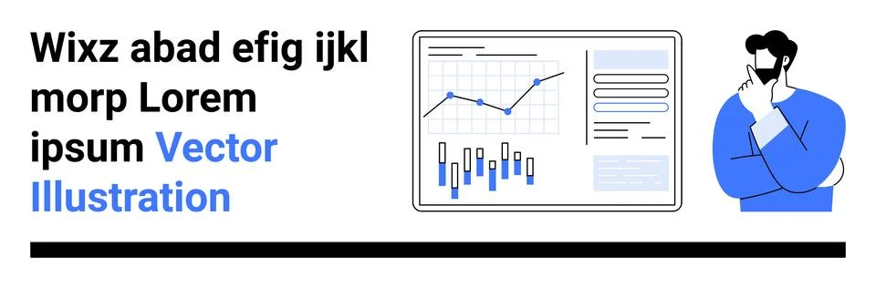 Man in blue clothing analyzing data charts, graphs, and performance metrics.  イラスト素材