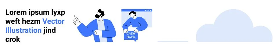 Man in blue highlights text, customer holding loading sign in window, and clo Stock Illustration
