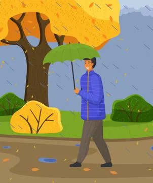 Man in blue jacket and pants carries umbrella, walking in autumn park, yellow Stock Illustration