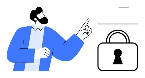 Man in blue jacket pointing at large padlock symbol, emphasizing data securit Stock Illustration