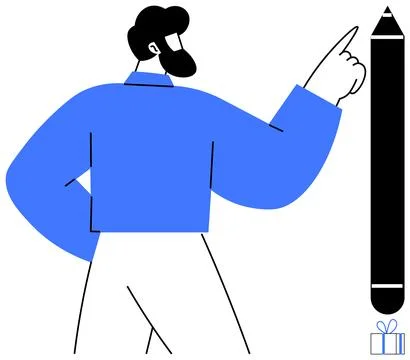 Man in blue jacket pointing at an oversized pencil, symbolizing ideas and cre Stock Illustration