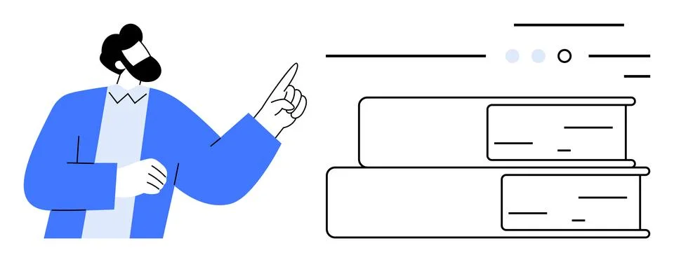 Man in Blue Jacket Pointing at Stack of Books with Floating Lines and Dots 스톡 일러스트