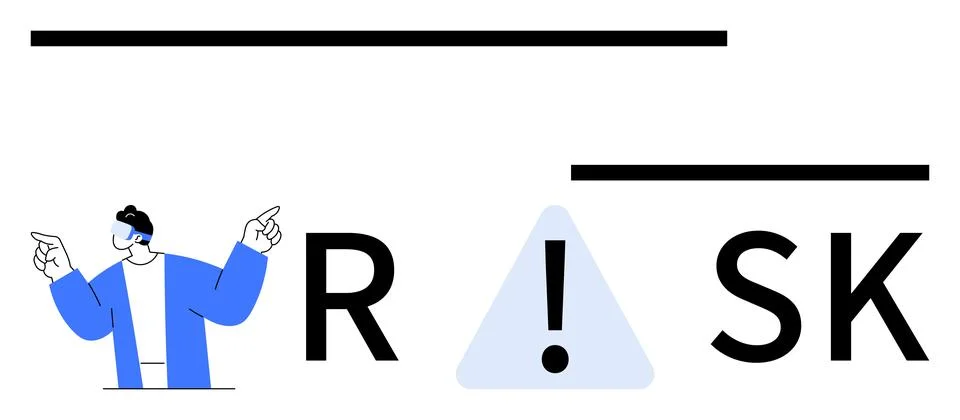 Man in blue jacket pointing towards the word RISK with an exclamation mark in Stock Illustration