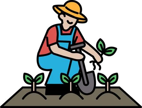 A man in a blue overalls is digging a hole in the dirt Stock Illustration