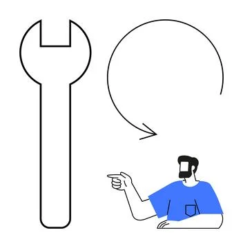 Man in Blue Pointing at Large Wrench and Circular Arrow - Conceptual Line A.. Stock Illustration