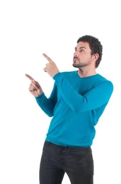 Man in blue pointing to somewhere 스톡 사진