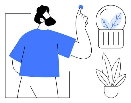 Man in Blue Shirt Interacting with Digital Interface, Minimalistic Plants a.. 스톡 일러스트