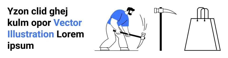 Man in blue shirt using pickaxe, text with words highlighted, and shopping ba イラスト素材