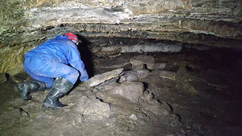 A man in a blue suit with a flashlight crawls into a crevice in a cave Stock Footage 129495095