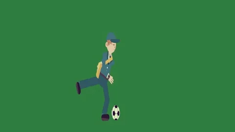 A man in blue suit is standing on green screen and with soccer player ball Video stock 335691580