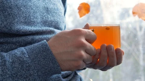 Man in a blue sweater is sitting by the window with a mug of sea buckthorn tea. Stock Footage 126169237