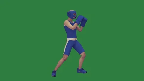 A man in blue uniform is boxing on green screen and shorts cartoonish depth Stock Footage 335979540