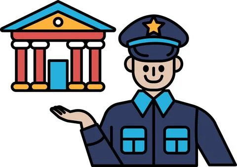 A man in a blue uniform is holding a building in his hand Ilustración de archivo