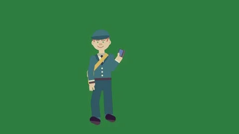 A man in blue uniform holding cell and talking on green screen with cartoon Stock Footage 335691615