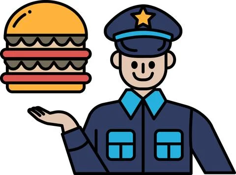 A man in a blue uniform holding a large hamburger Stock Illustration