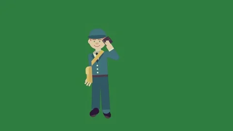 A man in blue uniform talking on cell and the phone green screen with cartoon Stock Footage 335691614
