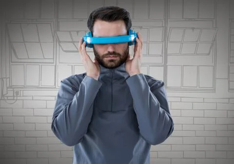 Man in blue virtual reality headset against 3d grey hand drawn windows 스톡 사진