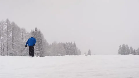Man in blue winter coat skiing Stock Footage 263016645